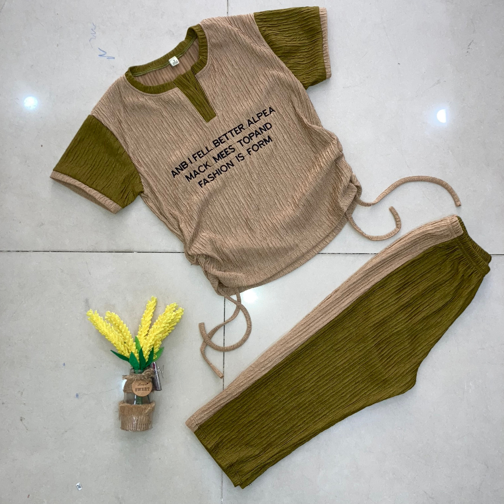 Set áo dây rút + quần lửng vải xốp siêu đáng yêu cho bé gái đi chơi, đi học