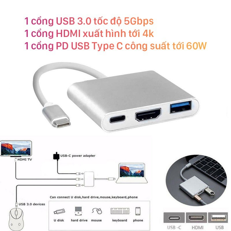 Hub Type-C 3in1 Tốc Độ Cao,Cáp Chuyển Cổng Từ Type C sang HDMI,Kết Nối TV,Máy Chiếu 4K-USB 3.0 Kết Nối Phím Chuột