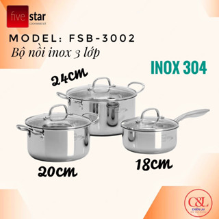 Bộ 3 nồi inox Fivestar đáy liền inox 304 nắp kính FBP3002
