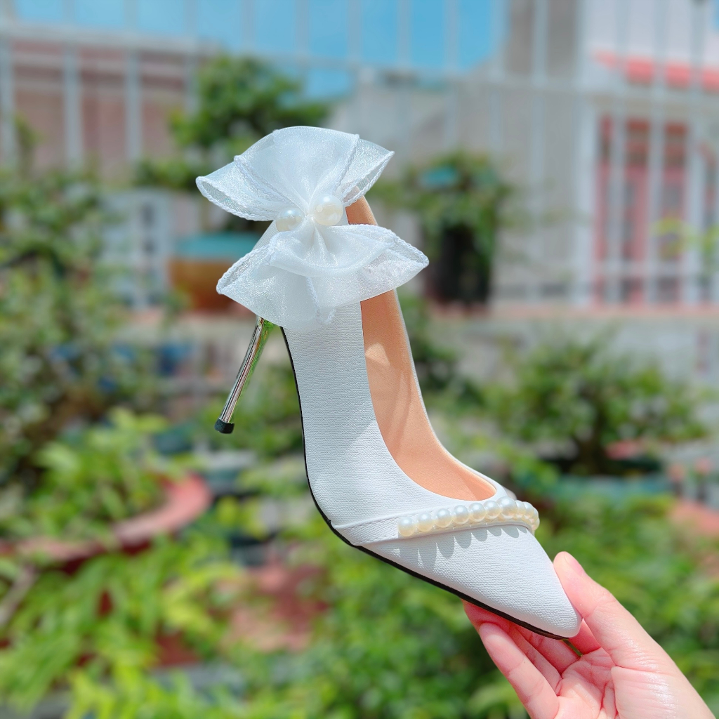 Giày nữ  giày cưới công sở phối nơ hạt châu 9cm - B80