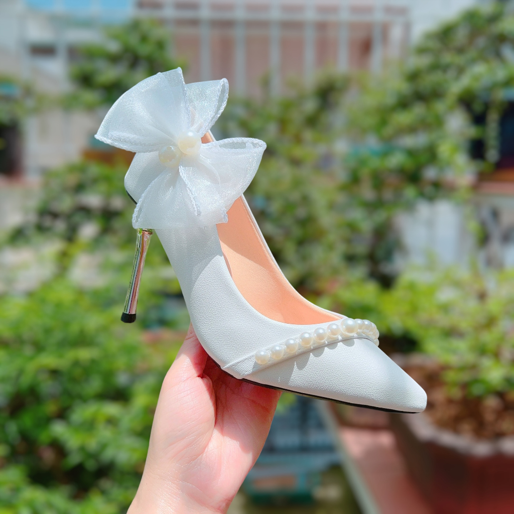 Giày nữ  giày cưới công sở phối nơ hạt châu 9cm - B80