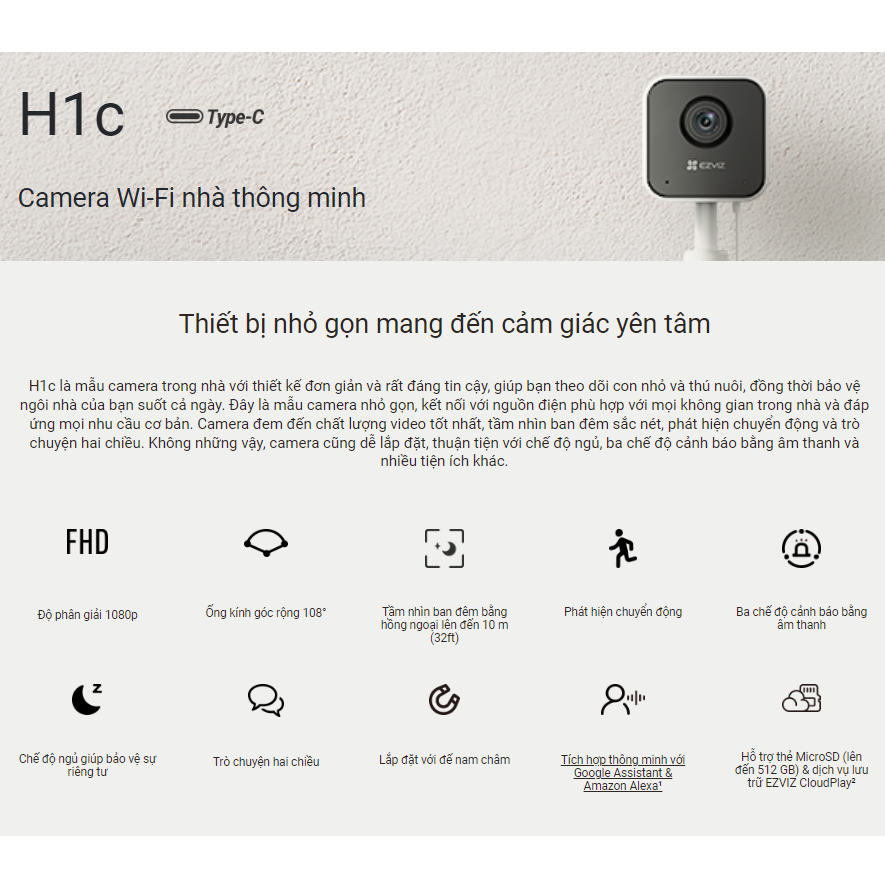 Camera WI-FI EZVIZ H1C /C1HC 1080p, Trong Nhà, Đàm Thoại 2 Chiều, Phát Hiện Chuyển Đồng