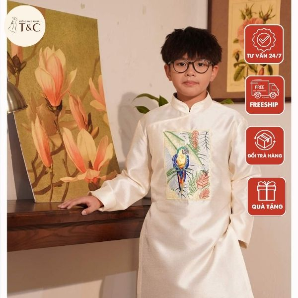 Áo dài bé trai màu trắng chất liệu Tafta thêu hạc cao cấp - Xưởng Áo Dài Cách Tân - BT08