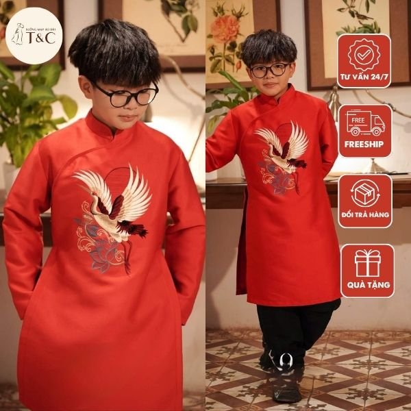 Áo dài bé trai màu đỏ chất liệu Tafta thêu hạc cao cấp - Xưởng Áo Dài Cách Tân - BT06