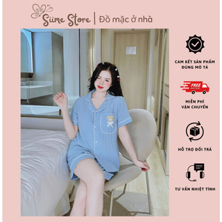 Bộ đồ ngủ nữ cc cổ truyền thống thêu gấu chất đũi gân hàn siêu mát