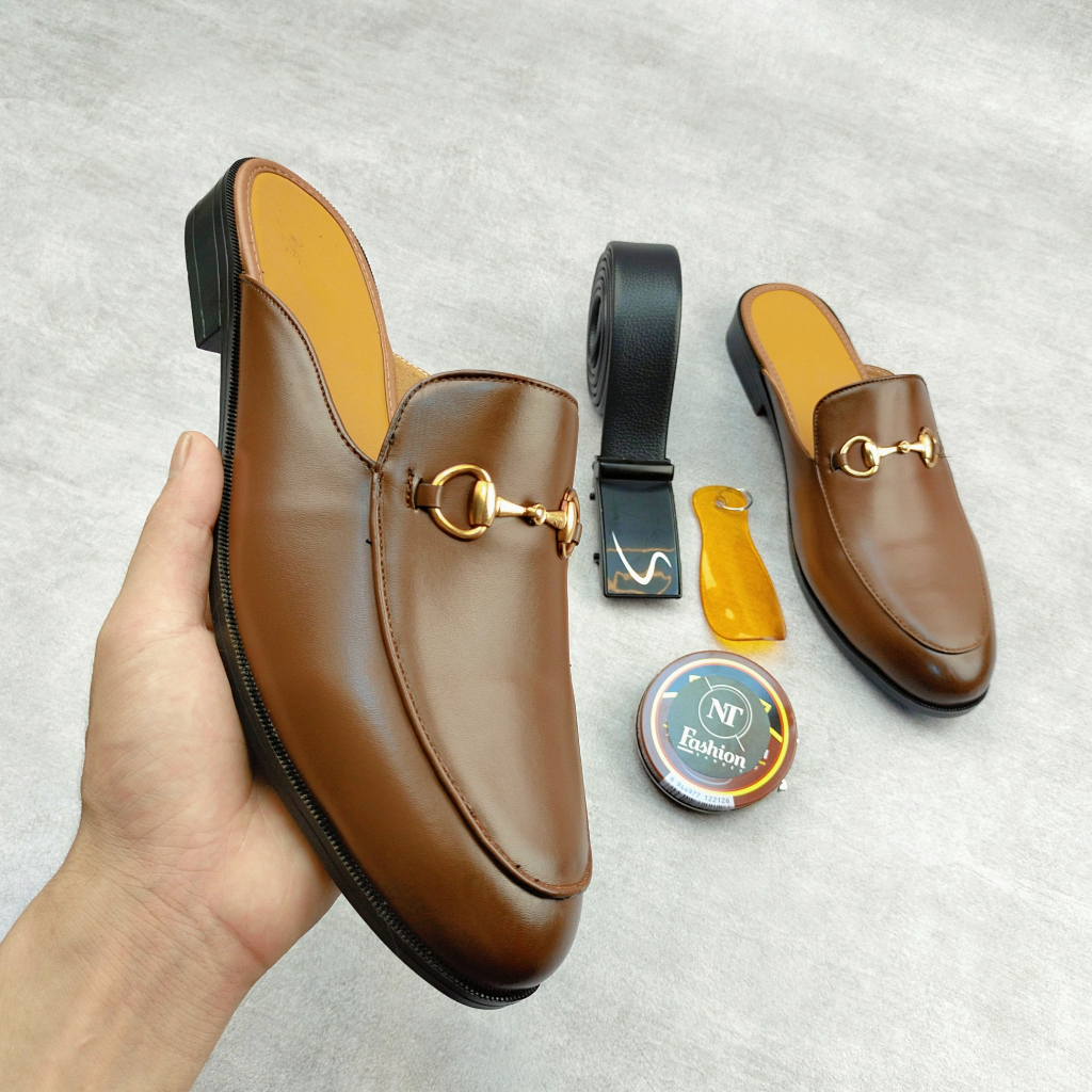 Giày sục nam da sít đế cao su màu nâu đính khuy inox mạ vàng cực phong cách full size 37-44: