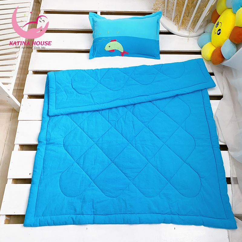 Bộ gối mền cho bé đi học 1-5 tuổi, vải cotton cara mềm, thoáng mát, thấm hút tốt, hoạ tiết đắp hình dễ thư