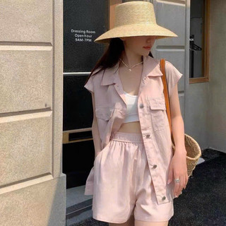 Set 3 món kaki hồng kèm áo crop 2s trắng + short