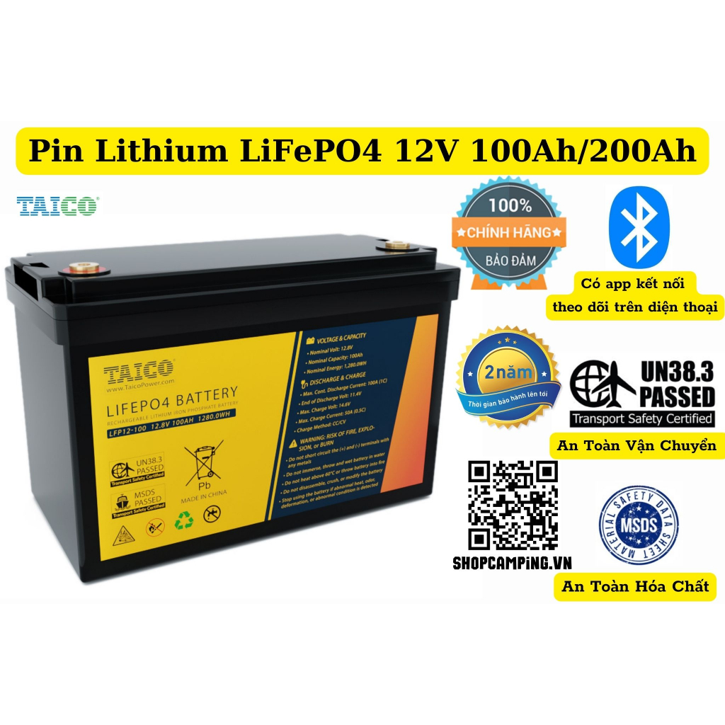 Pin Lithium LiFePO4 12V 100Ah/200Ah Cao Cấp Chính Hãng Taico