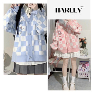 Áo khoác Cardigan hình thỏ sọc caro siêu dễ thương màu hồng xanh SANTAS TEE
