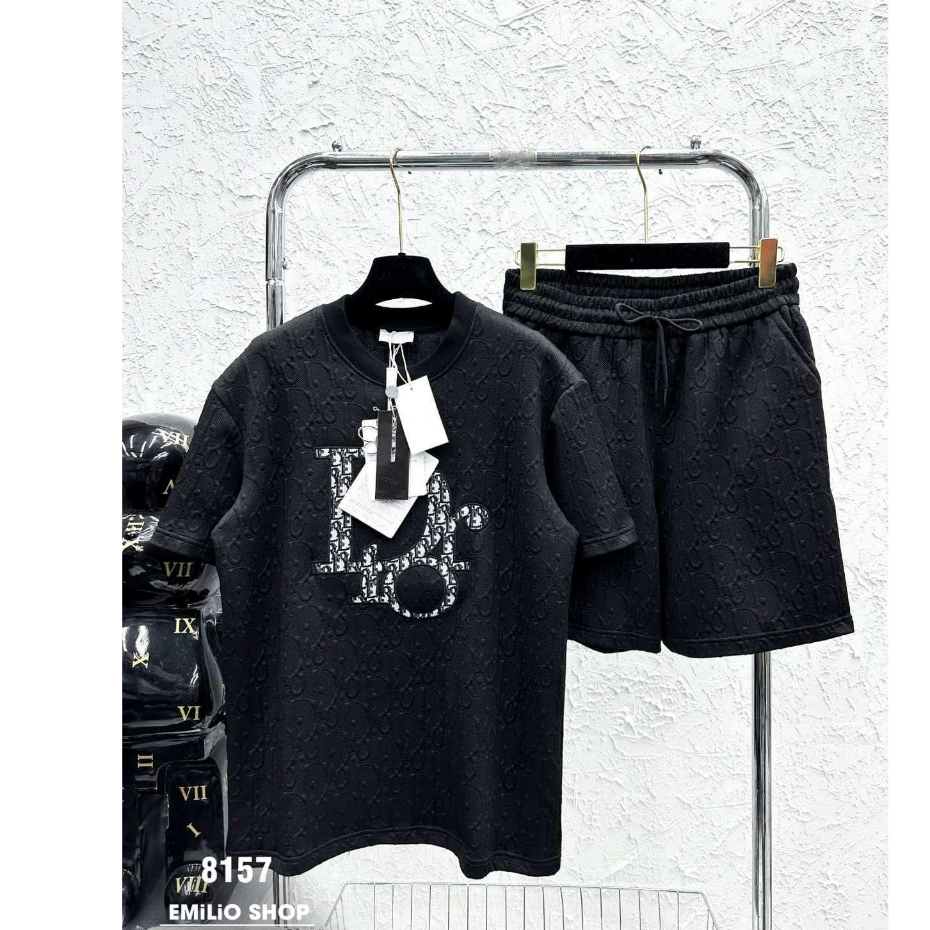 Bộ Áo Thun Cotton chữ thêu + Quần Sooc vân nổi Thoải Mái Thời Trang Mùa Hè