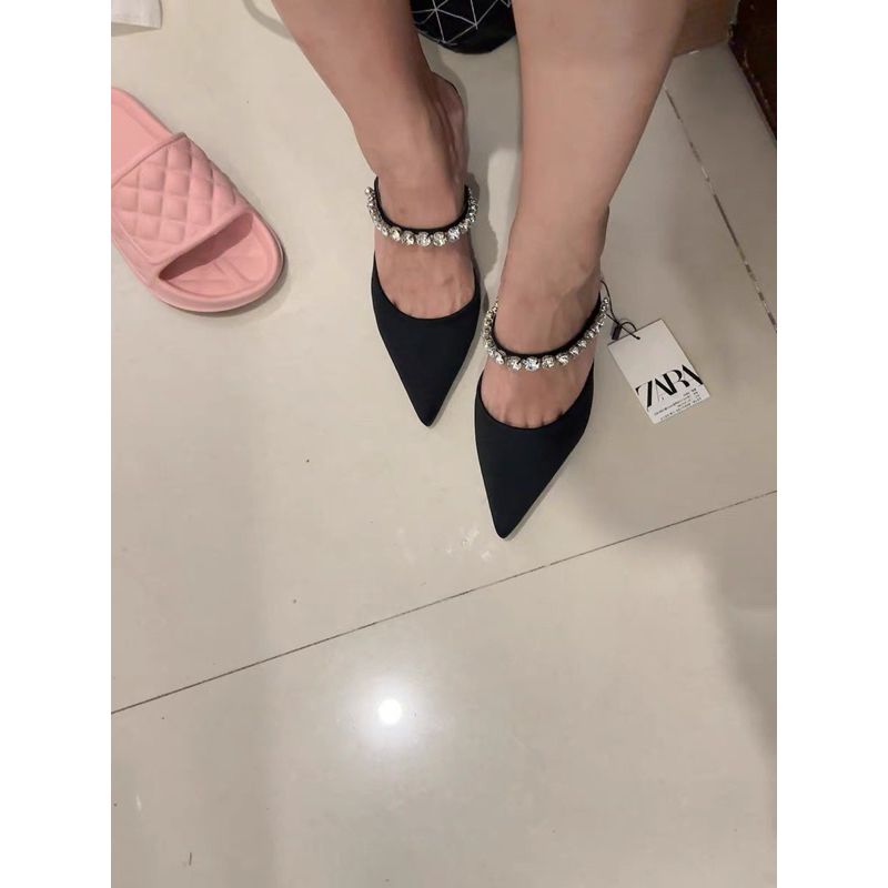 Giày zara xuất dư mũi nhọn đen quai đính đá santin gót muller 6,5cm