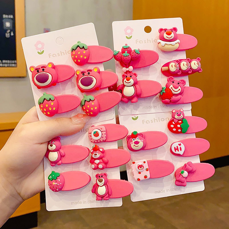 Sét 5 kẹp tóc mái gấu dâu hồng Lotso cỡ nhỏ xinh xắn, đáng yêu cho bé SK02.