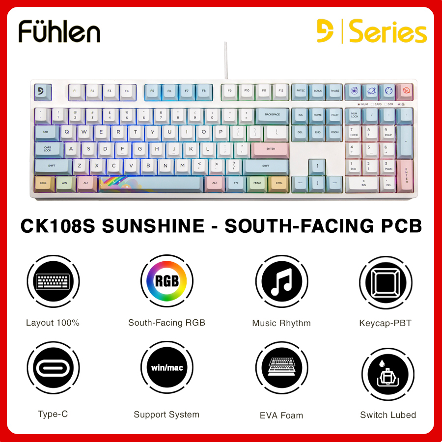 Bàn Phím Fuhlen CK108s Sunshine Cherry Profile Hotswap Mạch Xuôi Gasket Mount LED RGB - Bảo Hành 2 Năm