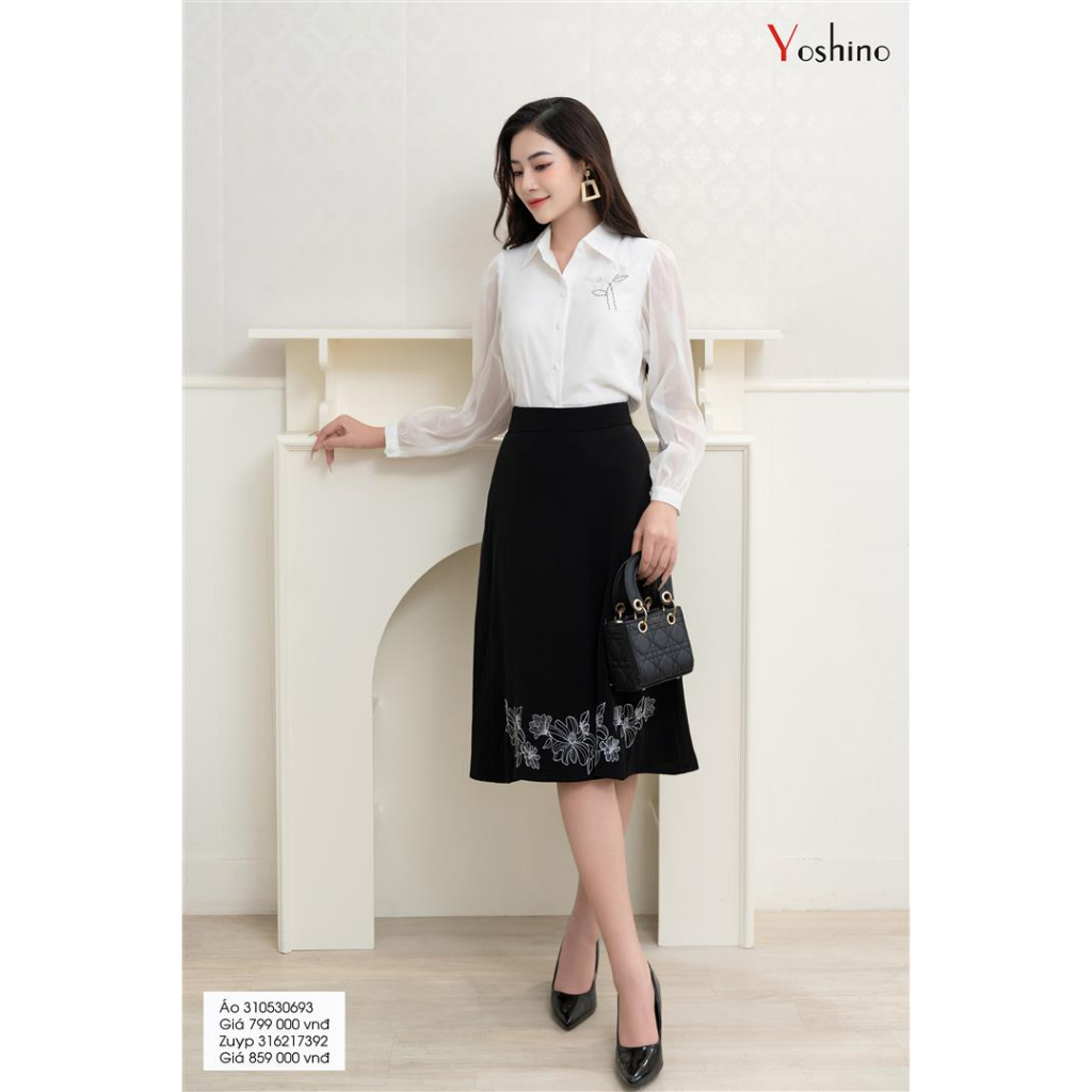 Sơ mi trắng cổ đức + Zuýp xòe thêu hoa Yoshino