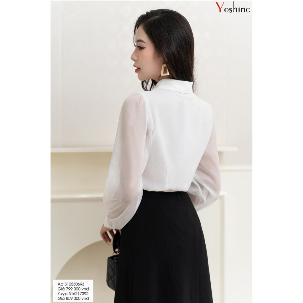 Sơ mi trắng cổ đức + Zuýp xòe thêu hoa Yoshino