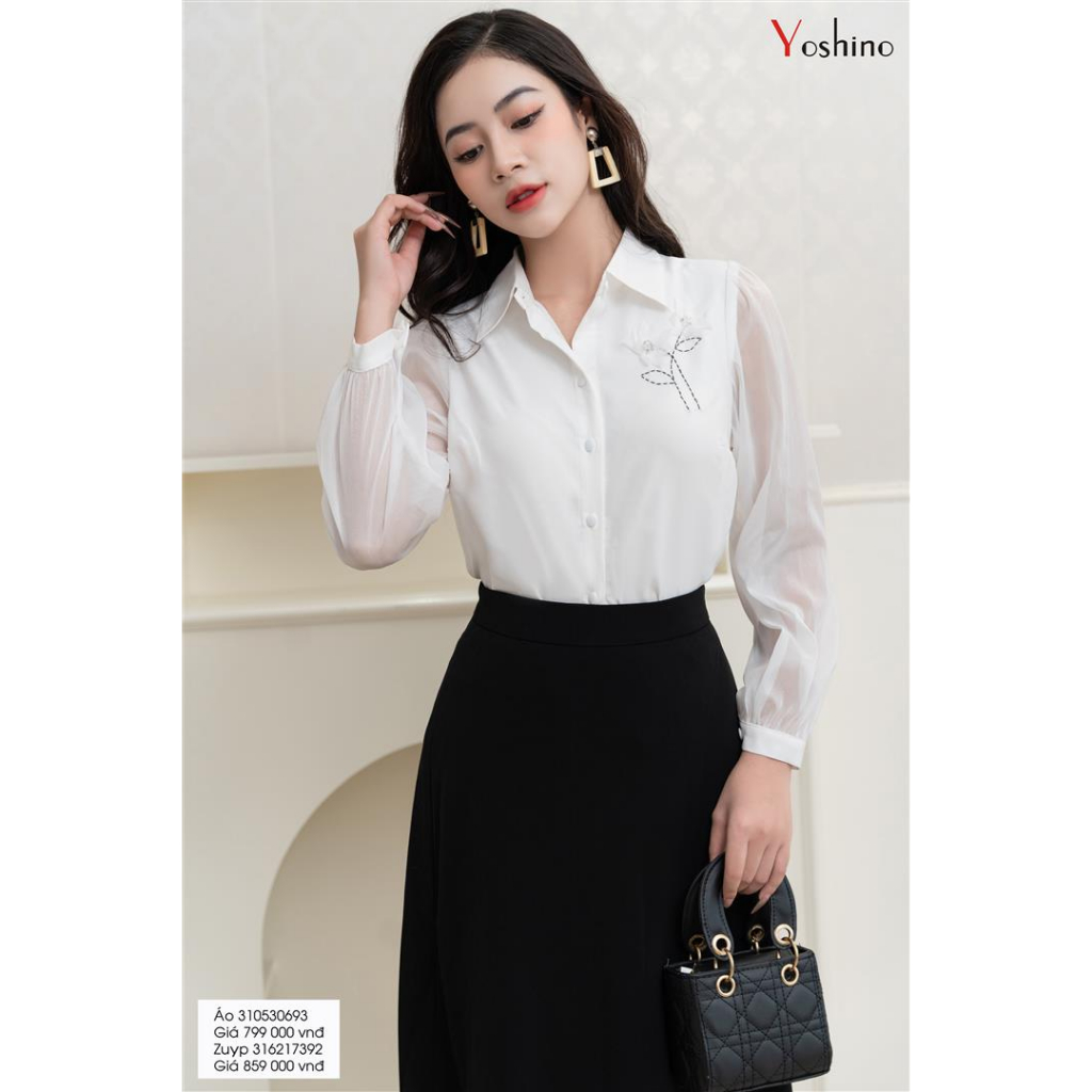 Sơ mi trắng cổ đức + Zuýp xòe thêu hoa Yoshino