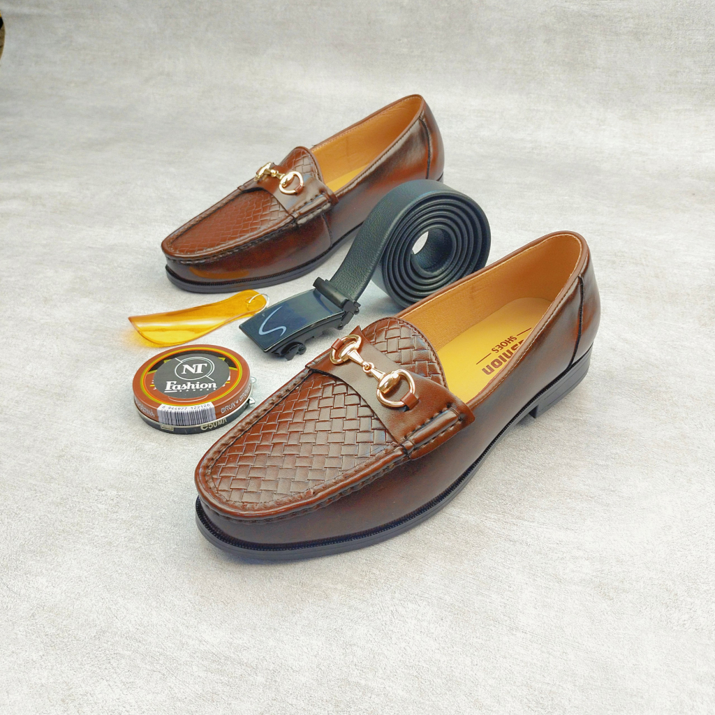 Giày lười da nam công sở 2 màu dập vân caro buộc nơ trắng cực chất giày dior nam da sít đế cao su