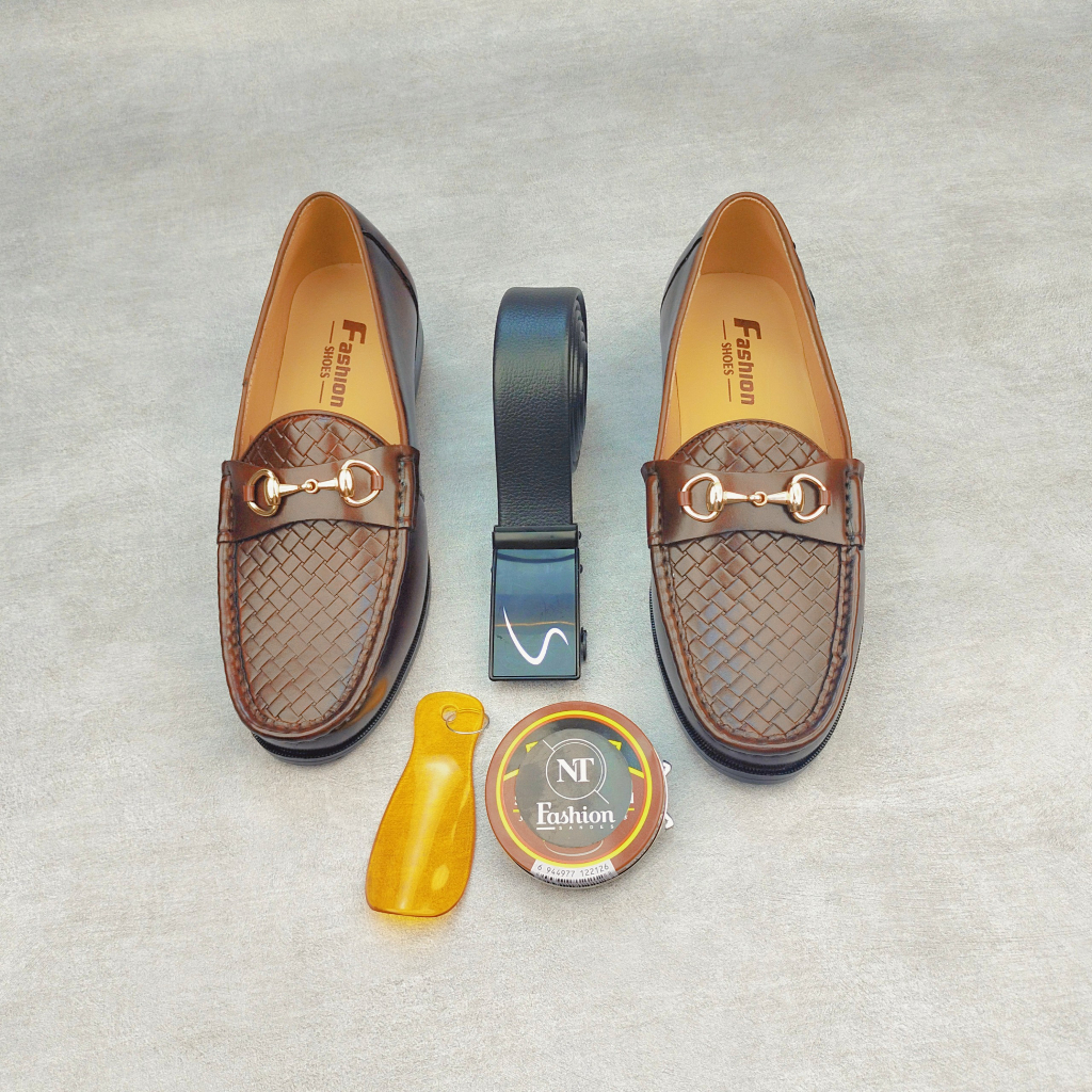 Giày lười da nam công sở 2 màu dập vân caro buộc nơ trắng cực chất giày dior nam da sít đế cao su