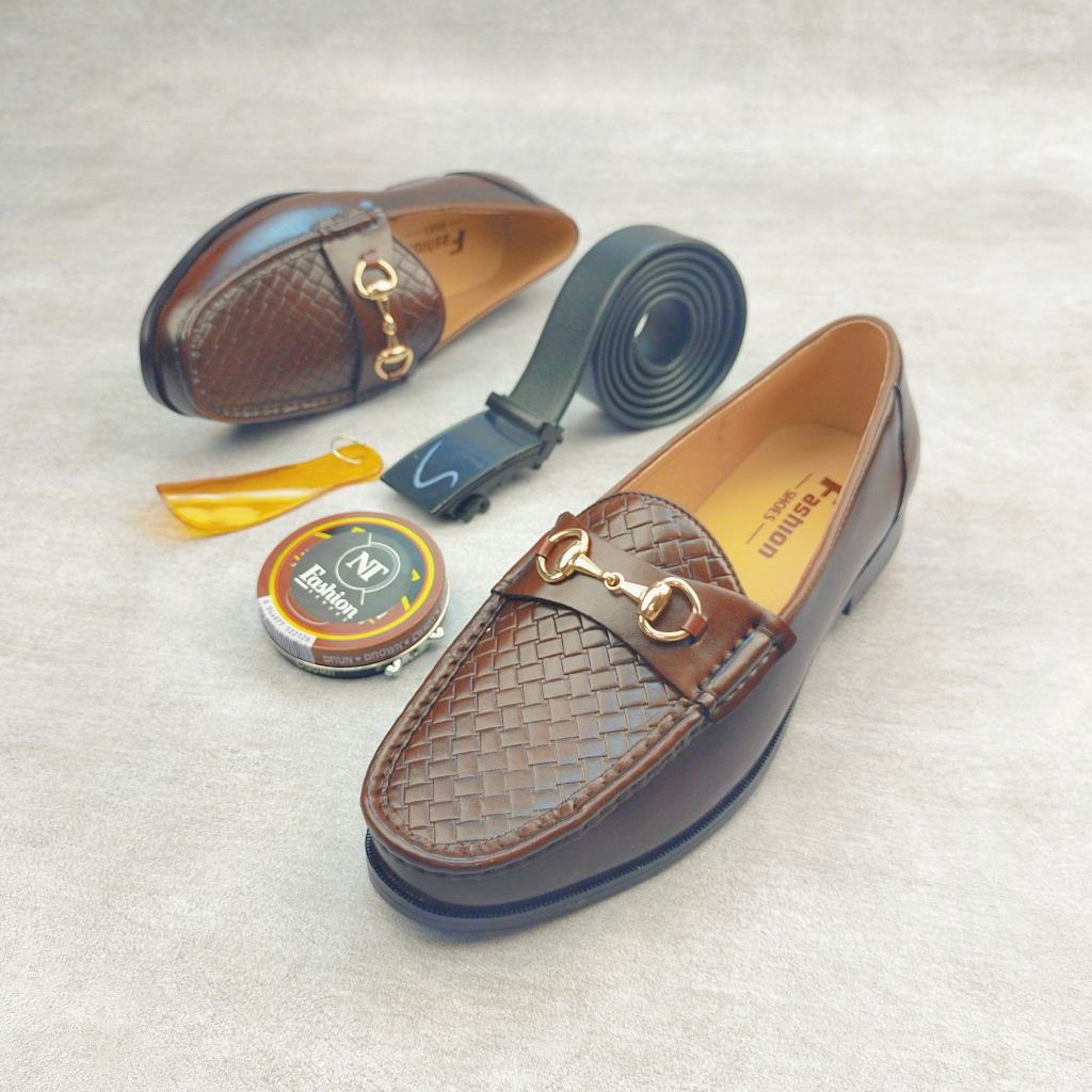 Giày lười da nam công sở 2 màu dập vân caro buộc nơ trắng cực chất giày dior nam da sít đế cao su