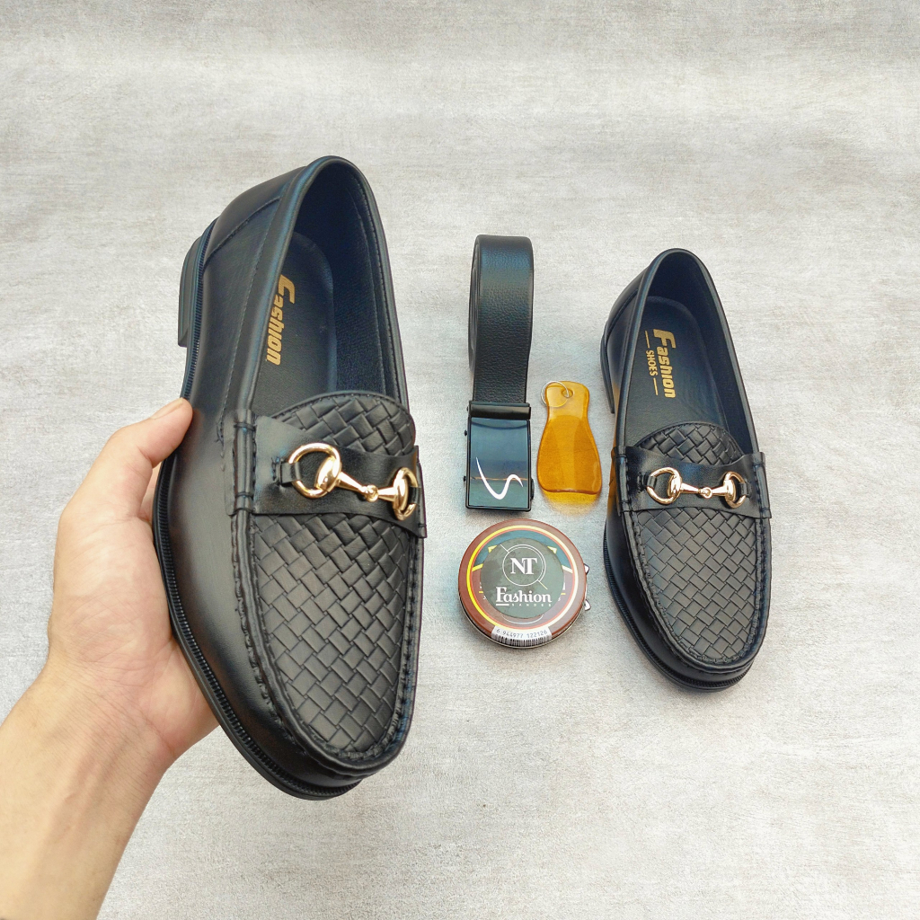 Giày lười da nam công sở 2 màu dập vân caro buộc nơ trắng cực chất giày dior nam da sít đế cao su