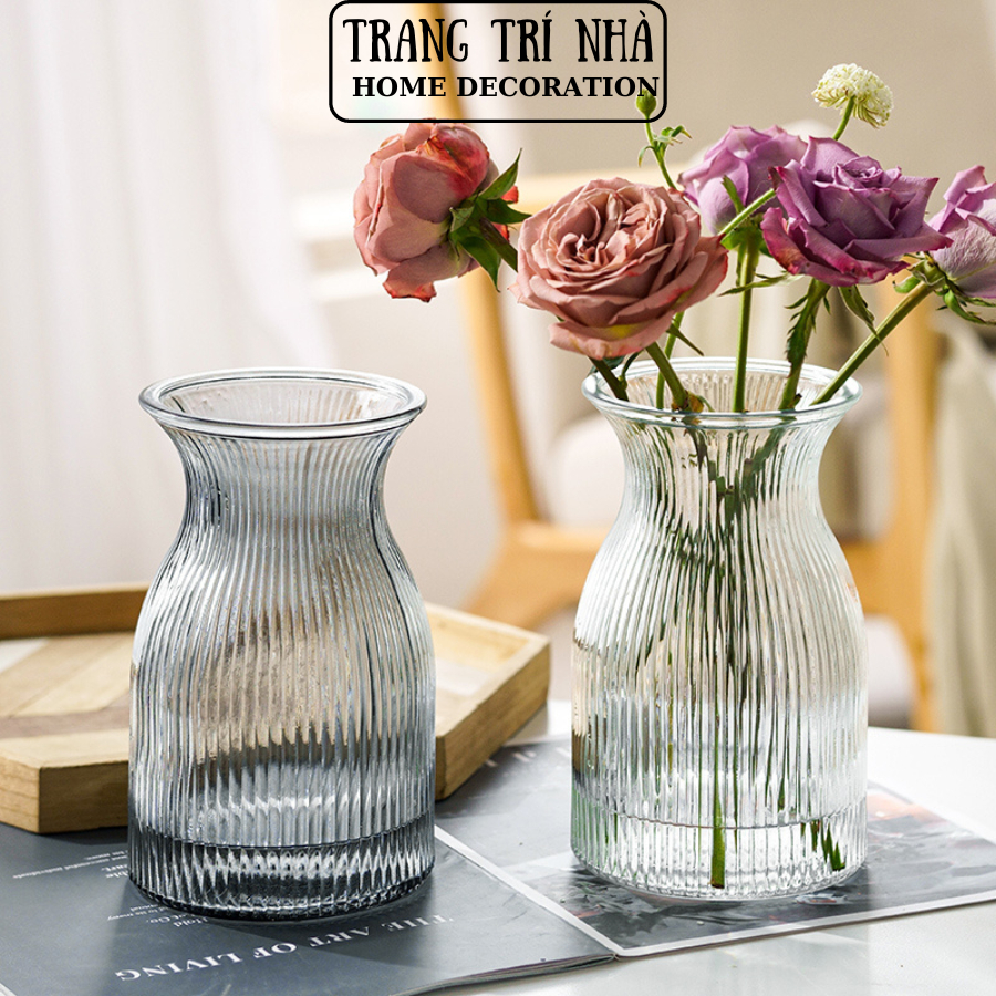 Lọ hoa thủy tinh sọc vằn cổ nhỏ decor nhà cửa trang trí cao cấp