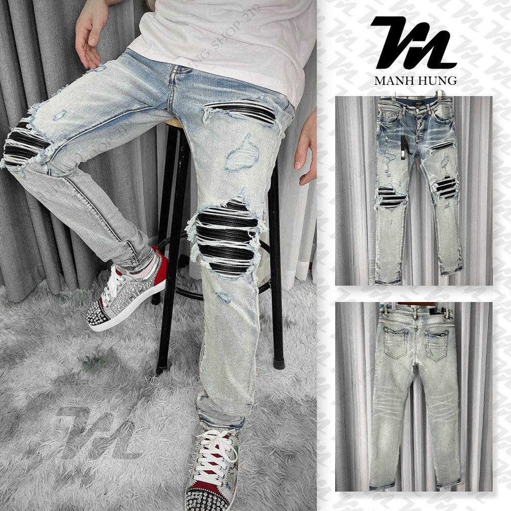 - Quần Bò Amiri - Jean Xanh Sáng Vá Da Đen Dáng Biker - Loại 1 Chất Liệu Jean Cao Cấp - Mạnh Hùng Shop 219