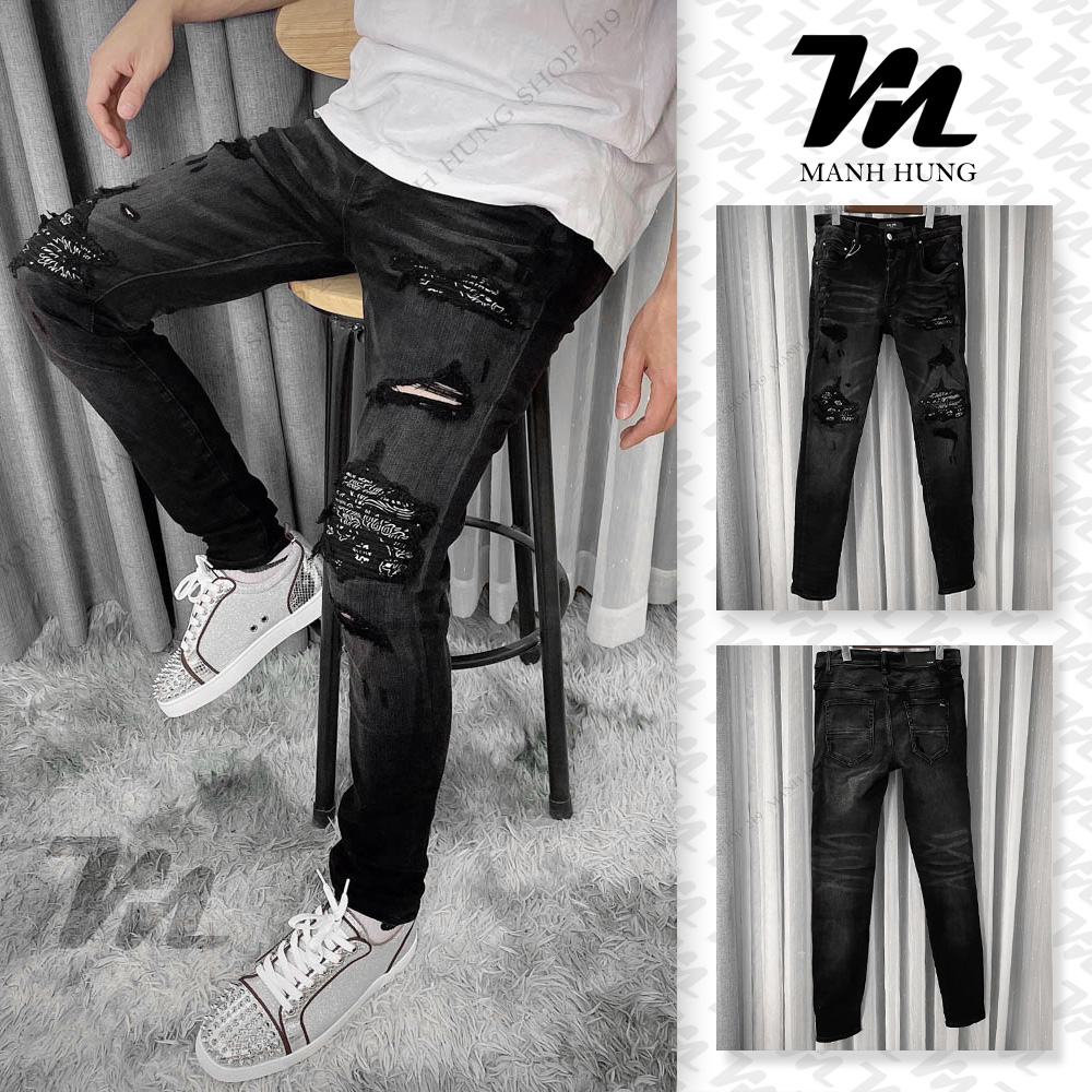 - Quần Bò Amiri - Jean Đen Vá Da Họa Tiết Dáng Biker - Loại 1 Chất Liệu Jean Cao Cấp - Mạnh Hùng Shop 219