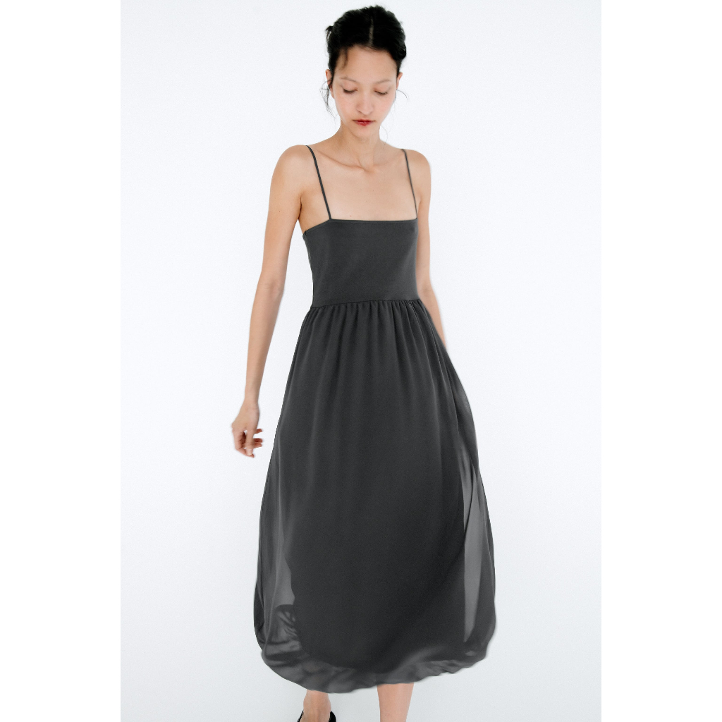 ZARA Đức - Đầm dài midi hai dây chân xòe phồng ngực chiết eo co giãn đen xám sale auth new sẵn chính hãng 0264/333