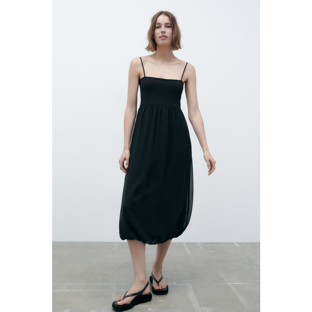 ZARA Đức - Đầm dài midi hai dây chân xòe phồng ngực chiết eo co giãn đen xám sale auth new sẵn chính hãng 0264/333