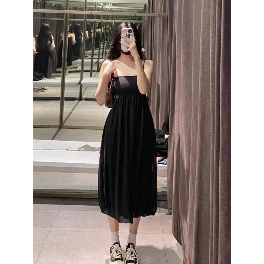 ZARA Đức - Đầm dài midi hai dây chân xòe phồng ngực chiết eo co giãn đen xám sale auth new sẵn chính hãng 0264/333