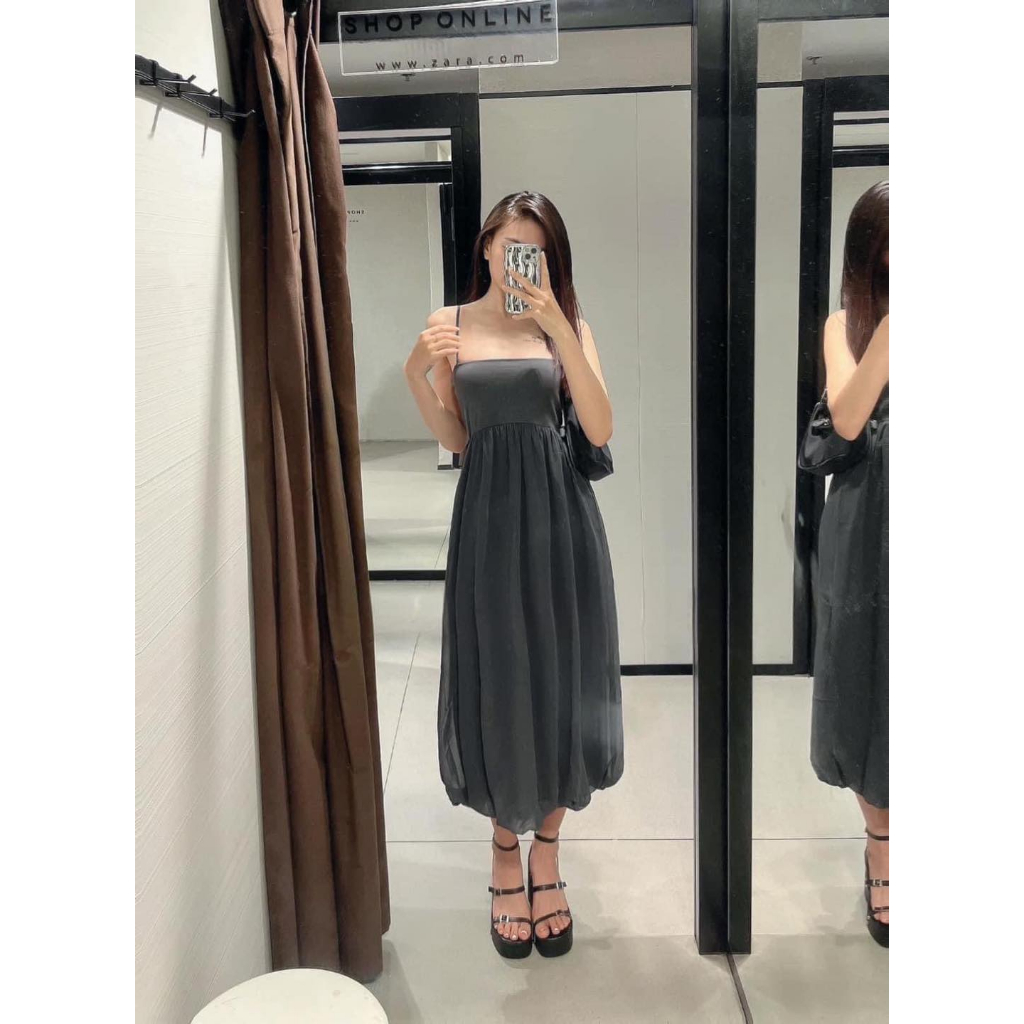 ZARA Đức - Đầm dài midi hai dây chân xòe phồng ngực chiết eo co giãn đen xám sale auth new sẵn chính hãng 0264/333