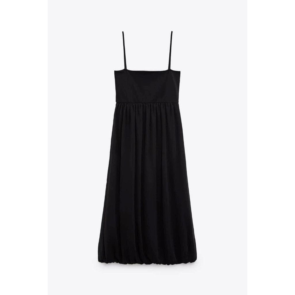 ZARA Đức - Đầm dài midi hai dây chân xòe phồng ngực chiết eo co giãn đen xám sale auth new sẵn chính hãng 0264/333