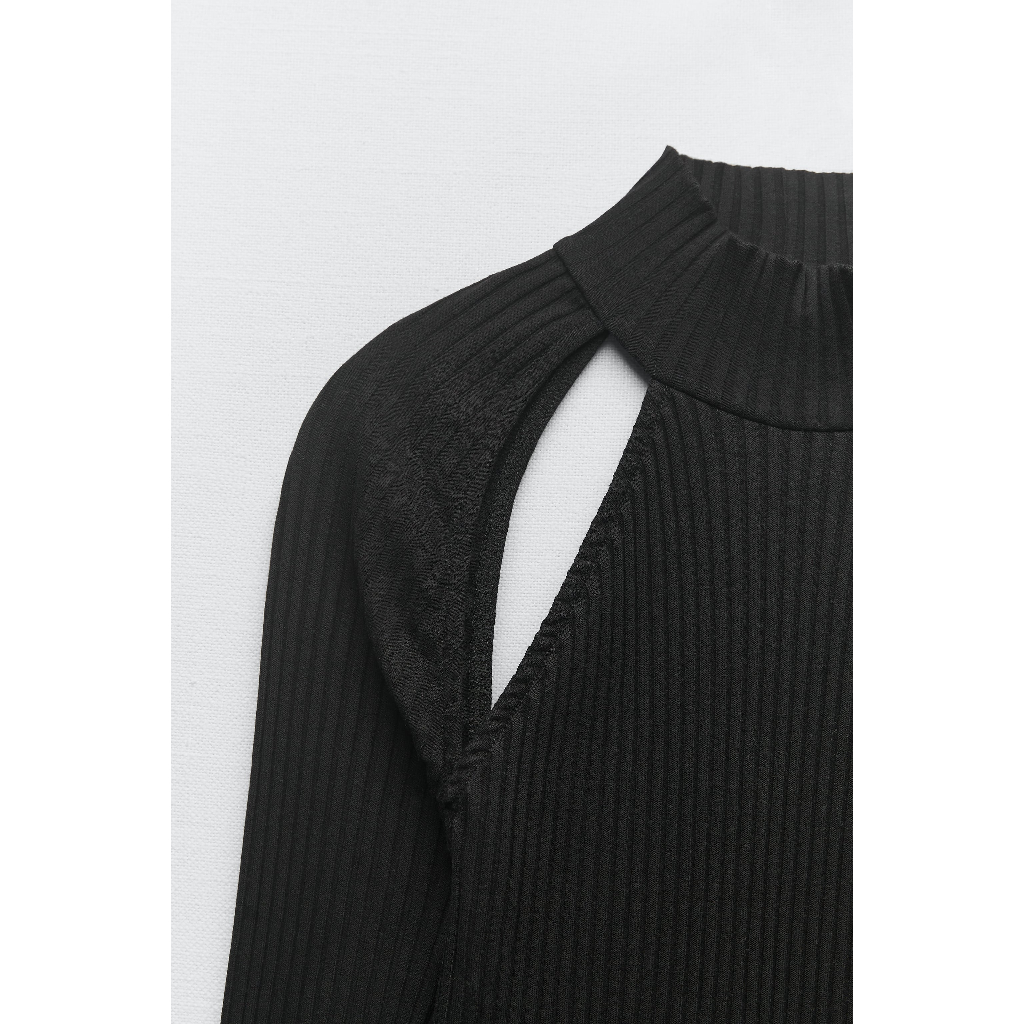 ZARA Đức - Đầm dài midi tay dài khoét vai hở lưng thun gân cổ cao màu đen sale auth new có sẵn cao cấp 0858/302