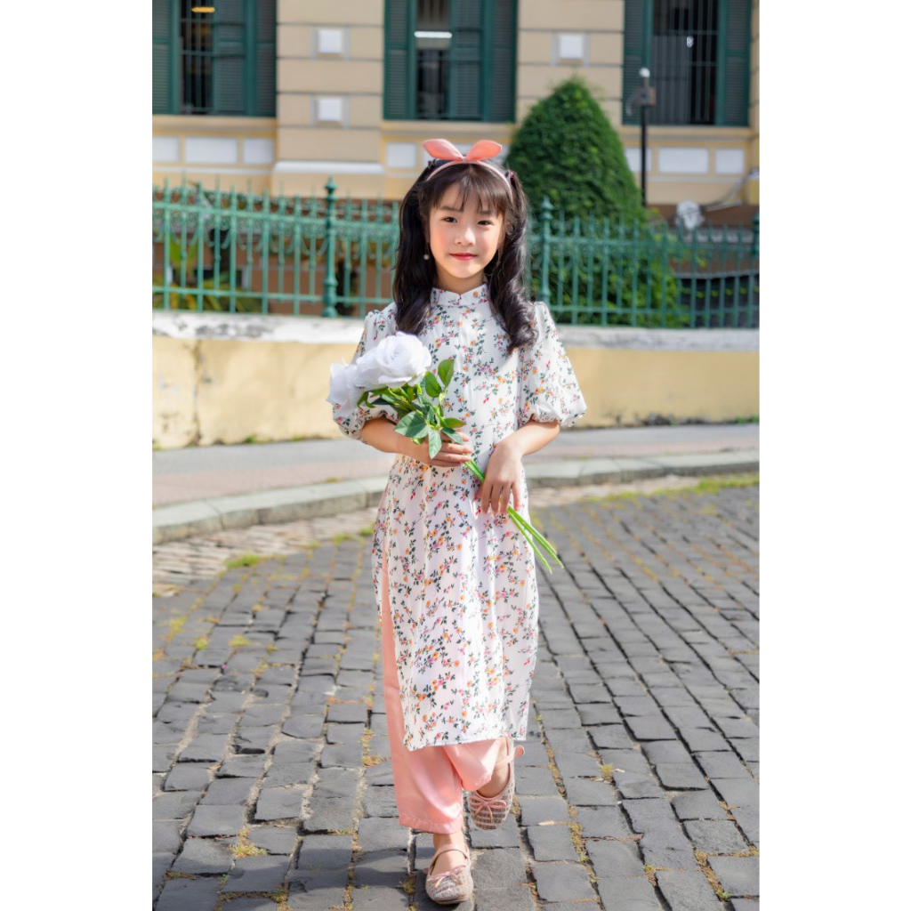 Áo dài cho bé gái - áo dài cách tân cho bé gái thiết kế tay phồng hoạ tiết Bách Hoa Xuân chất liệu lụa mango cao cấp