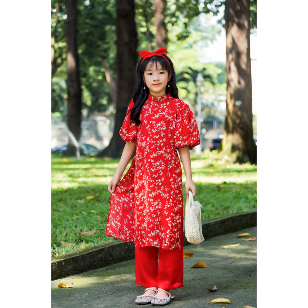Áo dài cho bé gái - áo dài cách tân cho bé gái thiết kế tay phồng hoạ tiết Bách Hoa Xuân chất liệu lụa mango cao cấp