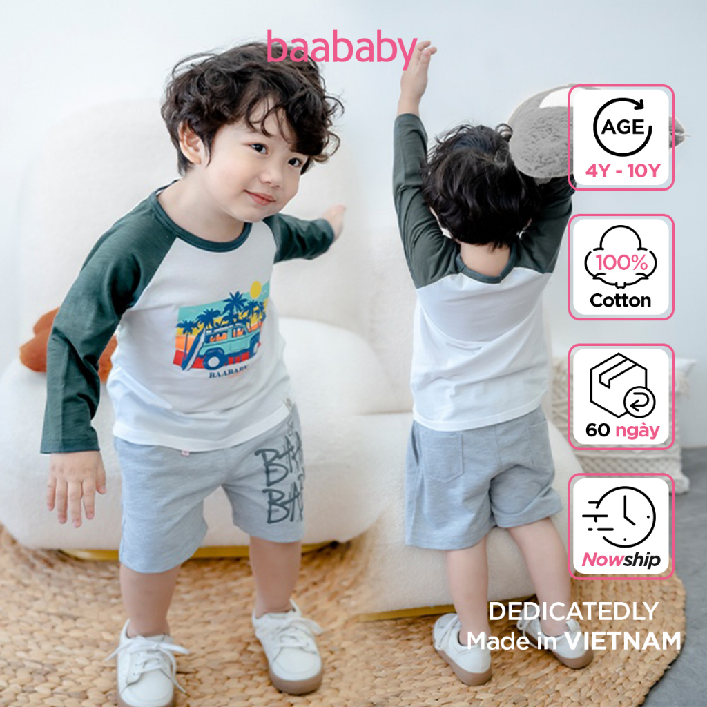 Áo Raglan tay lửng cho bé trai, áo thun cotton phối màu in họa tiết cho bé từ 1 tuổi - 7 tuổi Baa Baby - B-BK-AT21L-04