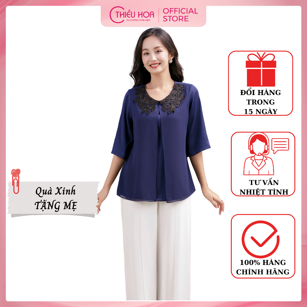 Áo Thiết Kế Trung Niên Nữ, kiểu dáng hiện đại, chất liệu lụa latin Hàn kết hợp chiffonThương hiệu Thiều Hoa AN3L0529