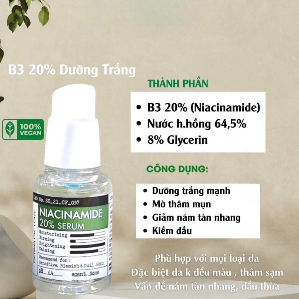 Tinh Chất Dưỡng Trắng Da Mờ Thâm Derma Factory Niacinamide 20% Serum 30ml