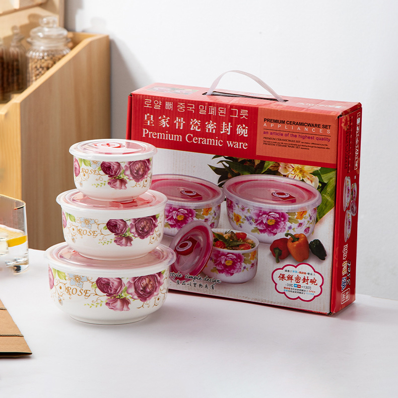 Bộ 3 Thố Sứ Lạnh Bát Sứ Hoa Văn Có Nắp Hút Chân Không