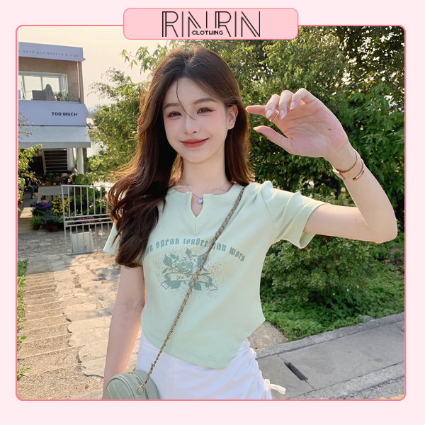 Áo thun nữ tay ngắn cổ chữ V in hình hoa hồng thời trang ngọt ngào RIN RIN