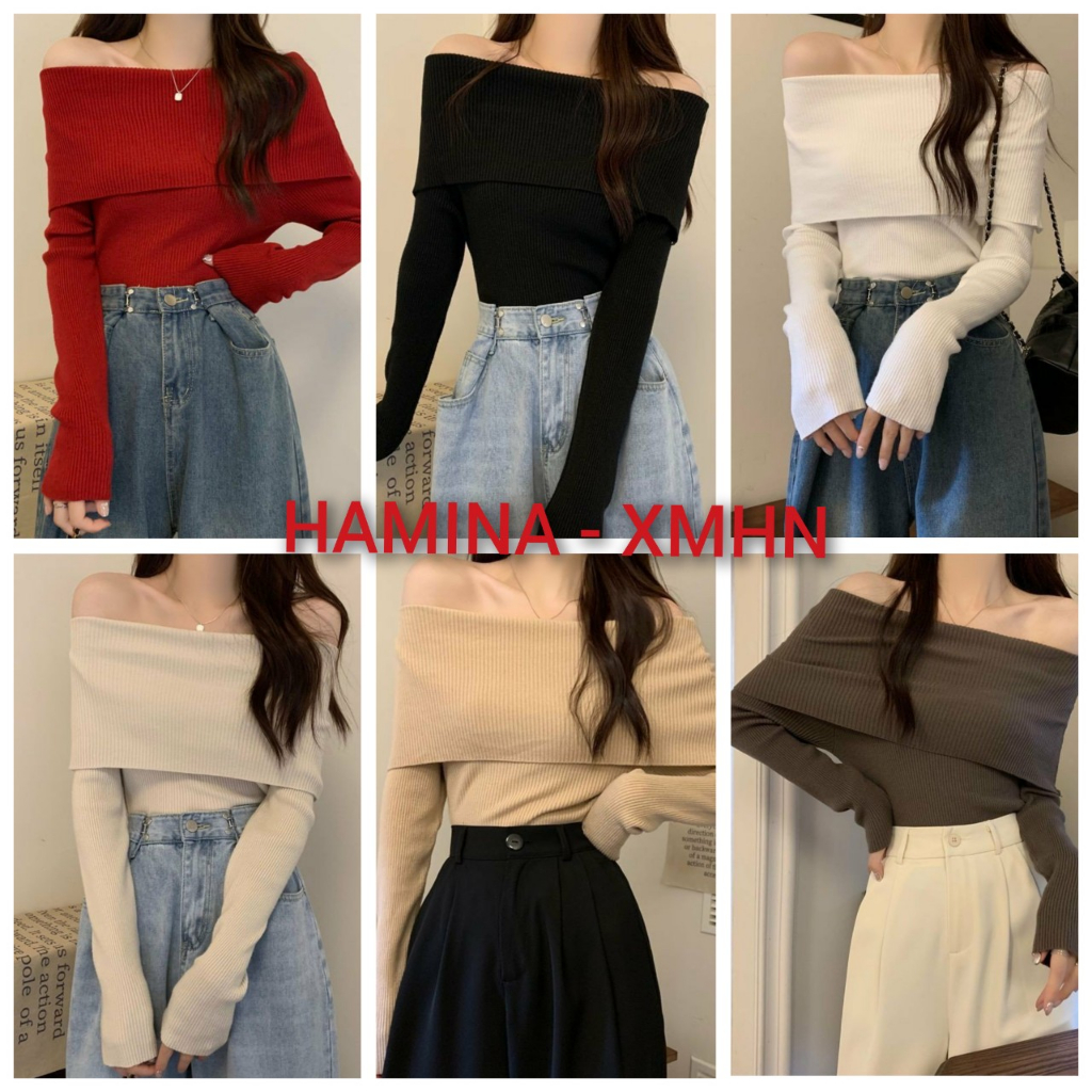 Áo Len Trễ Vai Tay Dài Hamina, Áo Len Cực Xinh Hàng Quảng Châu