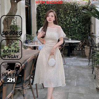 Váy đầm bigsize nữ dự tiệc đi chơi kiểu nhún eo chất tơ gân HTM 50-90 kg