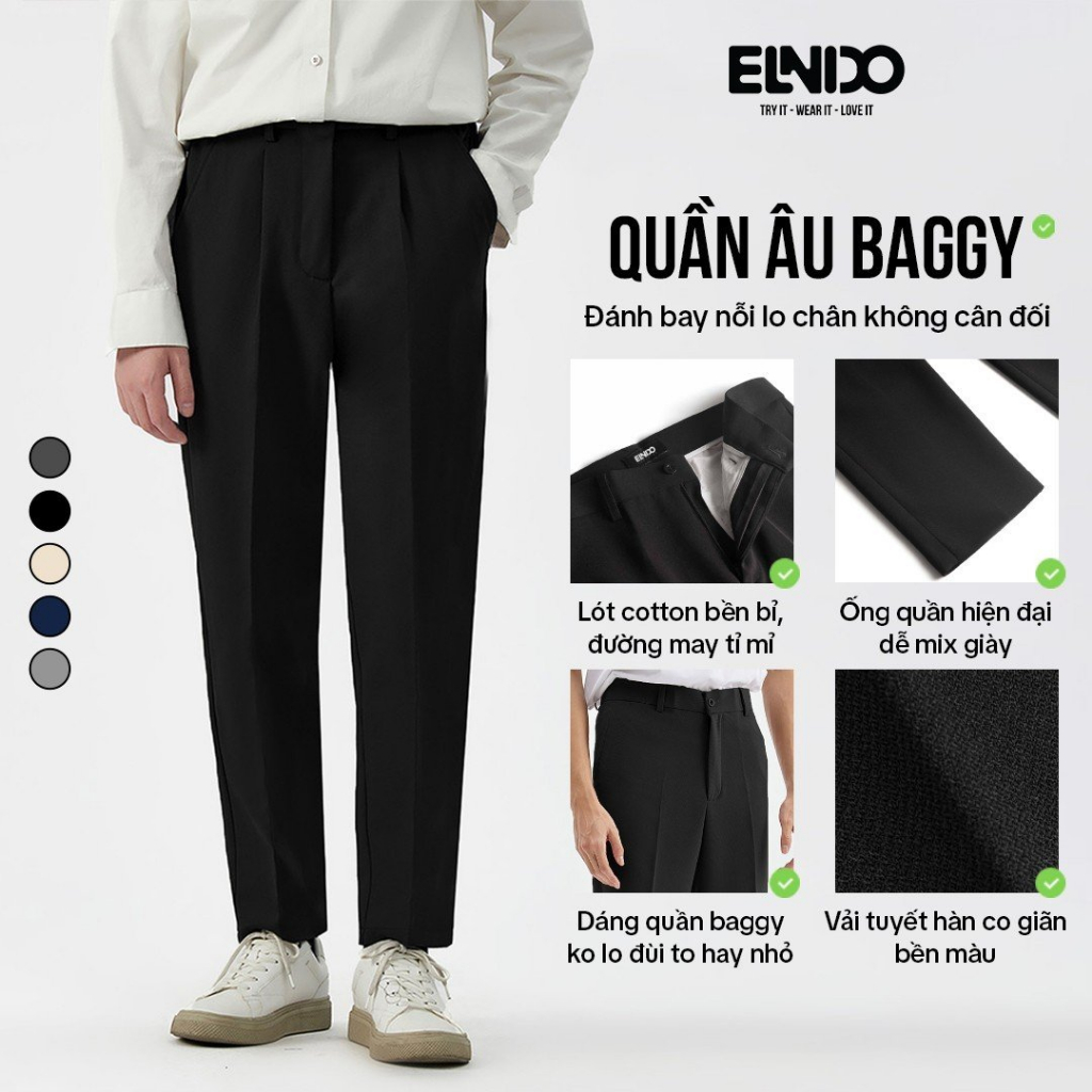 Quần âu nam ELNIDO vải lụa hàn co giãn kiểu dáng baggy nam không nhăn không xù thời trang ED04