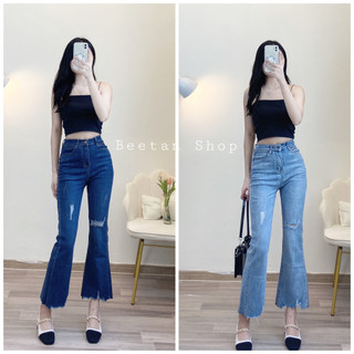 Quần jeans nữ ống loe rách cắt dài 9 tấc - quần bò cào ống loe cắt line