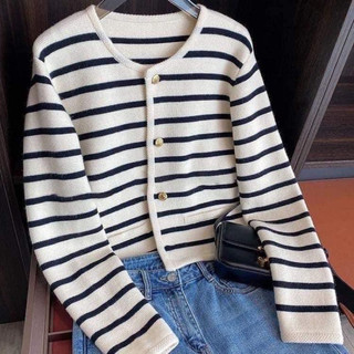 Áo len cardigan cổ tròn sọc ngang 4 cúc Vintage- ORD