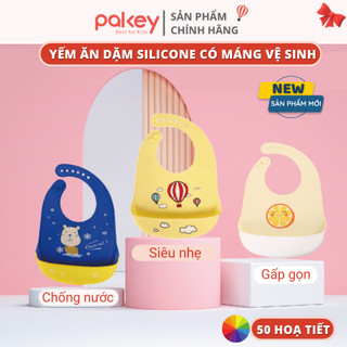 Yếm ăn dặm cho bé 3D Silicone có máng rộng chống thấm Pakey, Yếm tập ăn dẻo nhiều nấc điều chỉnh cho bé