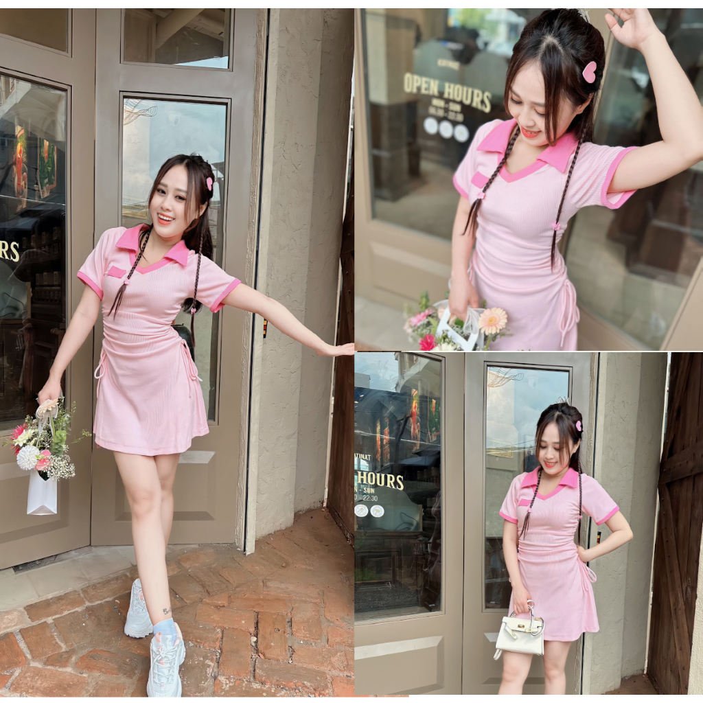 Đầm Thun Cổ Polo Phối Màu Dây Rút Eo Siêu Xinh ( Hình Sản Phẩm Chụp Thật )