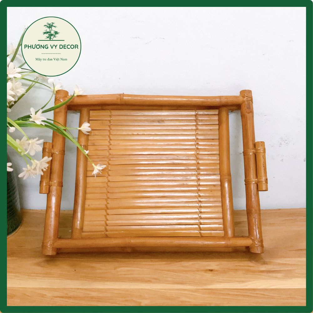 Khay trà tre, khay trà trúc già hun khói trang trí bàn trà phong cách cổ điển, mộc mạc Phương Vy Decor