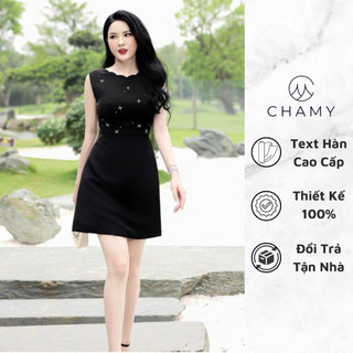 Đầm nữ 𝐂𝐇𝐀𝐌𝐘 fayre dáng xoè nhẹ cổ sóng đính đá sang trọng chất text hàn cao cấp